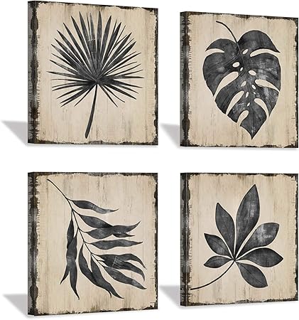 Amazon Co Jp 浴室の壁アート 葉っぱ グレー ラスティック 木製 テクスチャー スタイル 背景 トロピカル ボタニカル アートワーク キャンバス ホームデコ 12インチ X 12インチ X 4パネル Generic