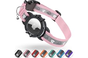 Reflective AirTag Cat Collar, FEEYAR Integrated GPS Cat Collar with Air Tag Holder and Bell, Safety Elastic Band Tracker Cat Collars for Girl Boy Cats, Kittens and Puppies [Pink]