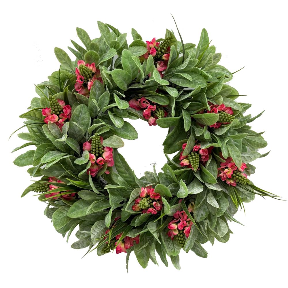 Photo 1 of 20 Inch Spring Summer Wreath for Front Door, Artificial Floral Door Wreath with Pink Blooms & Greenery for Indoor Outdoor Farmhouse Housewarming Window Wall All Seasons Decor