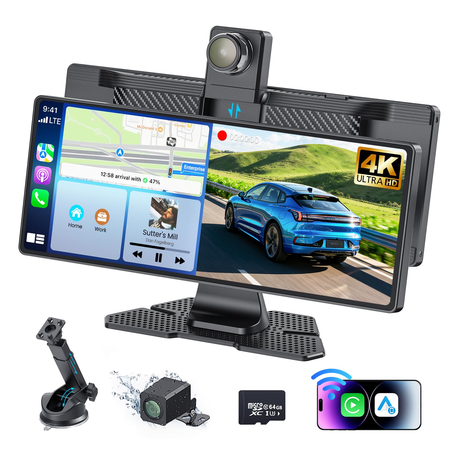 Photo 1 of 10.26" Portable Wireless Carplay Screen for Car, 4K HD Car Stereo Touch Screen with Apple CarPlay/Android Auto, 4K Dash Cam, 1080P Backup Camera, Mirror Link, Voice Control, Bluetooth, GPS, AUX/FM