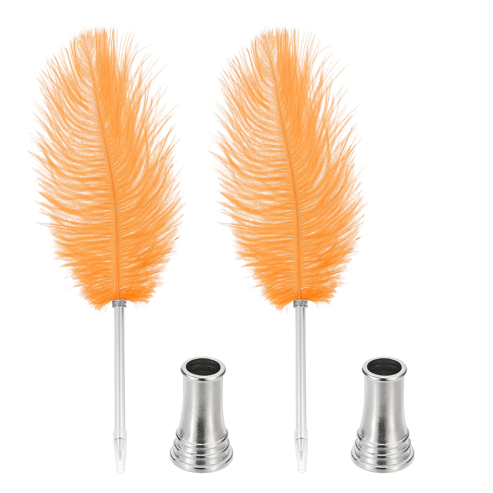 PATIKIL Feather Ballpoint Pen, 2 Pcs 0.5mm Fluffy Vintage Ink Quill Pen Refined Plated Rod Quill Pen with 2 Pcs Stand Holder for Calligraphy Writing Signature Guest Wedding Gift, Orange