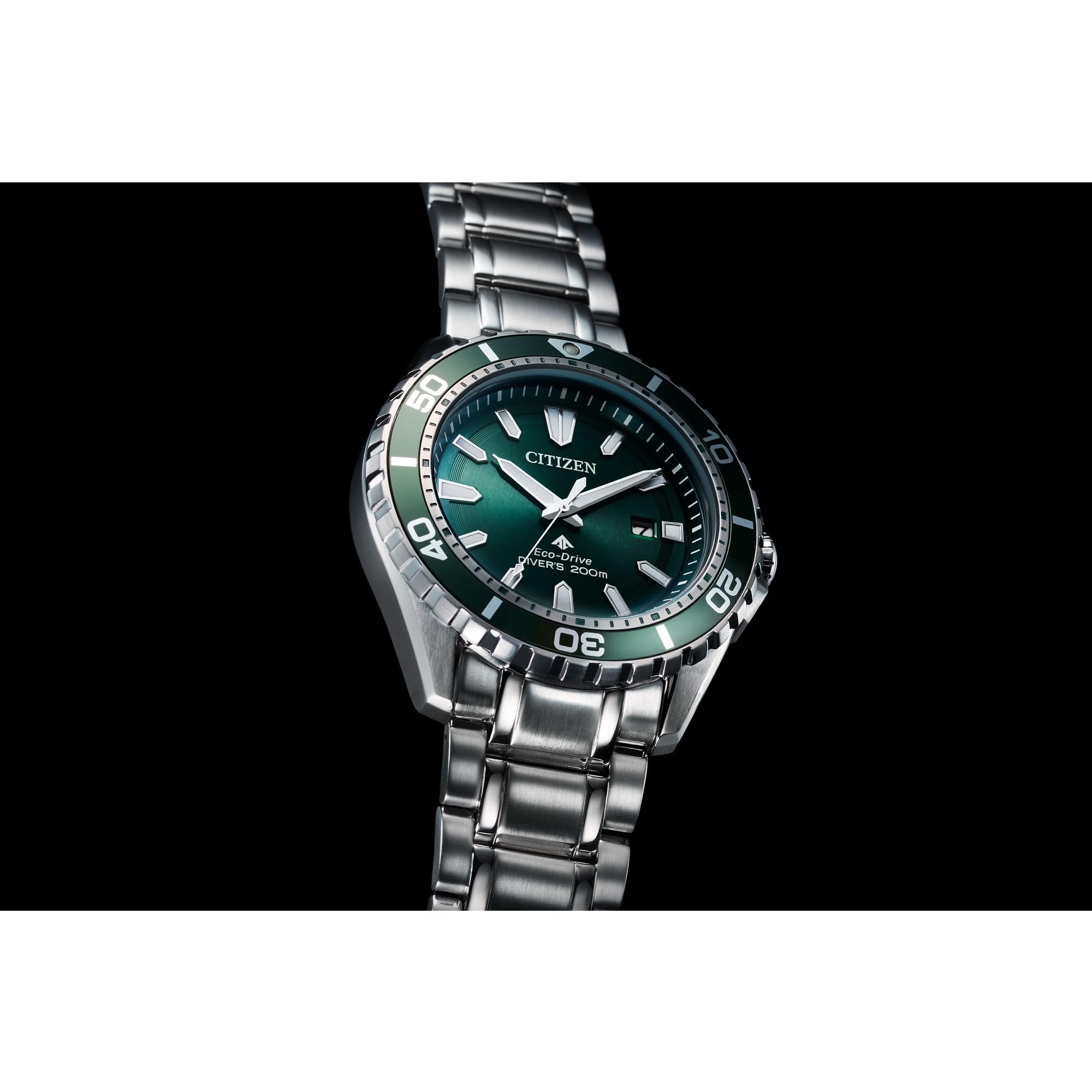 Citizen Men's Eco-Dive Promaster Dive, Silver-Tone Stainless Steel Bracelet Watch, Green Dial, 3 Hand, Date (Model: BN0199-53X)