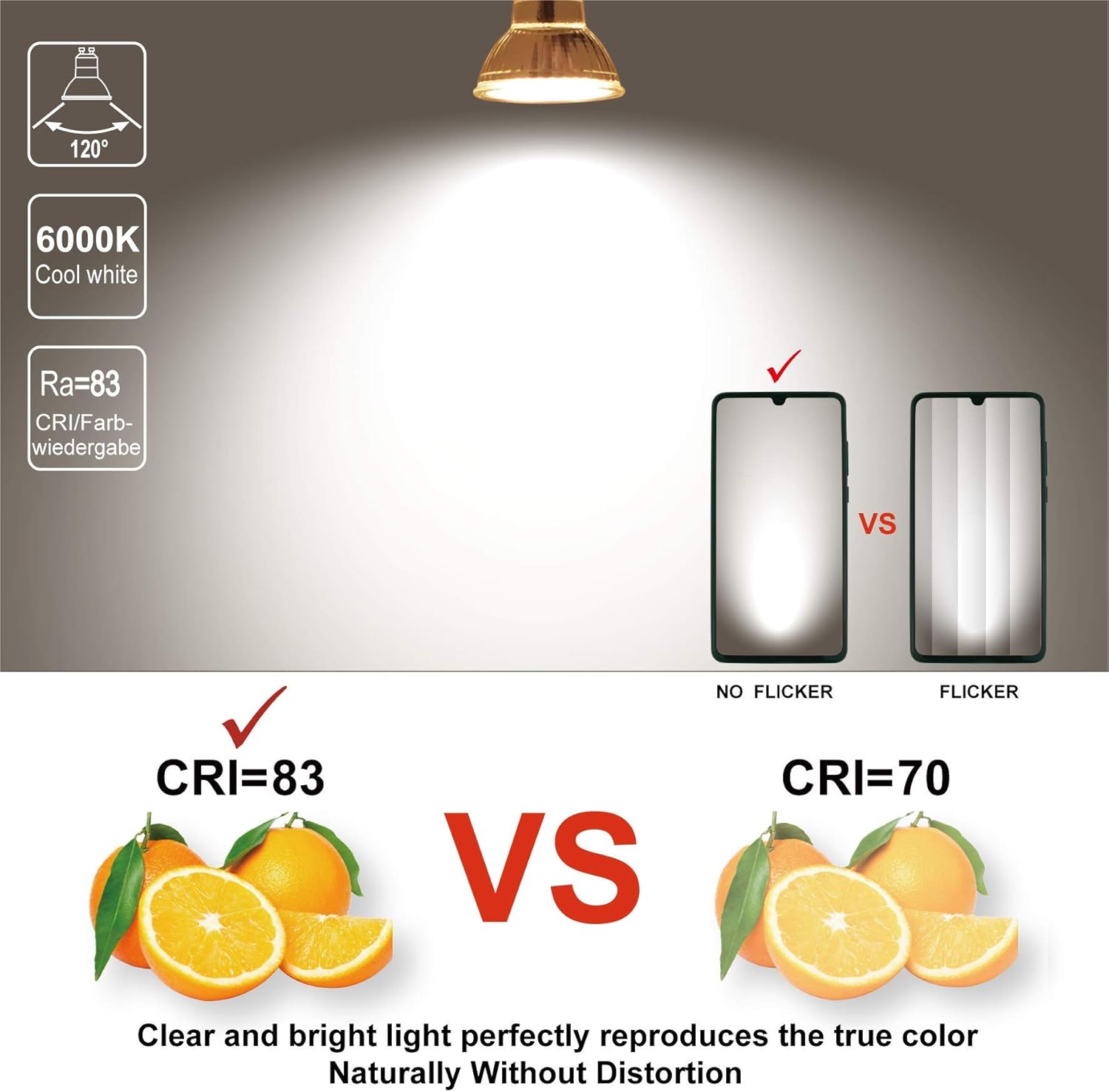 EACLL GU10 LED Bulbs Cool White 4.8W Equivalent 75W Halogen, Pack of 6, 585 Lumen 6400K Reflector Lamp - Image 4