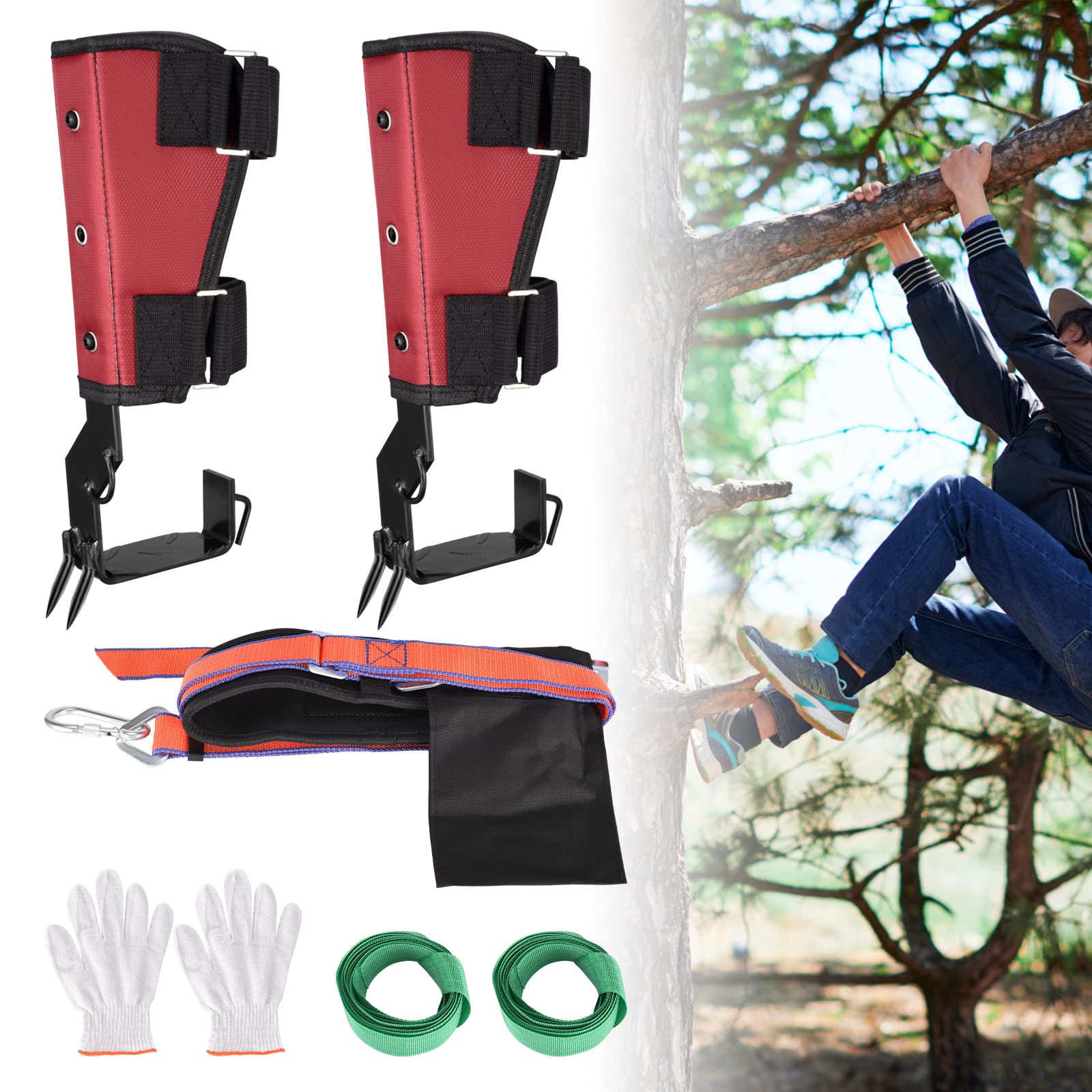 HUKOER Tree Climbing Spikes Non-Slip 2 Gear (with Safety Belt), Tree Climbing Gear Adjustable Climbing Spikes Crampons Tree for Hunting, Fruit Picking, Observation,Tree Work(Red)
