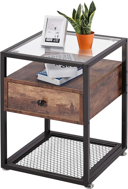 Amazon Com Vecelo Nightstand Tempered Glass End Table Cabinet With Drawer And Rustic Shelf Decoration In Living Room Bedroom Lounge Brown Black Furniture Decor