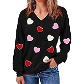 Koimcuiy Womens V Neck Valentines Sweatshirts Cute Love Heart Shirts Long Sleeve Lover Valentine's Tshirts for Her