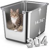 14.7 Inches High Sides Cats Litter Box, 304 Food Grade Stainless Steel | Non-Slip Pad, No Sharp Edges