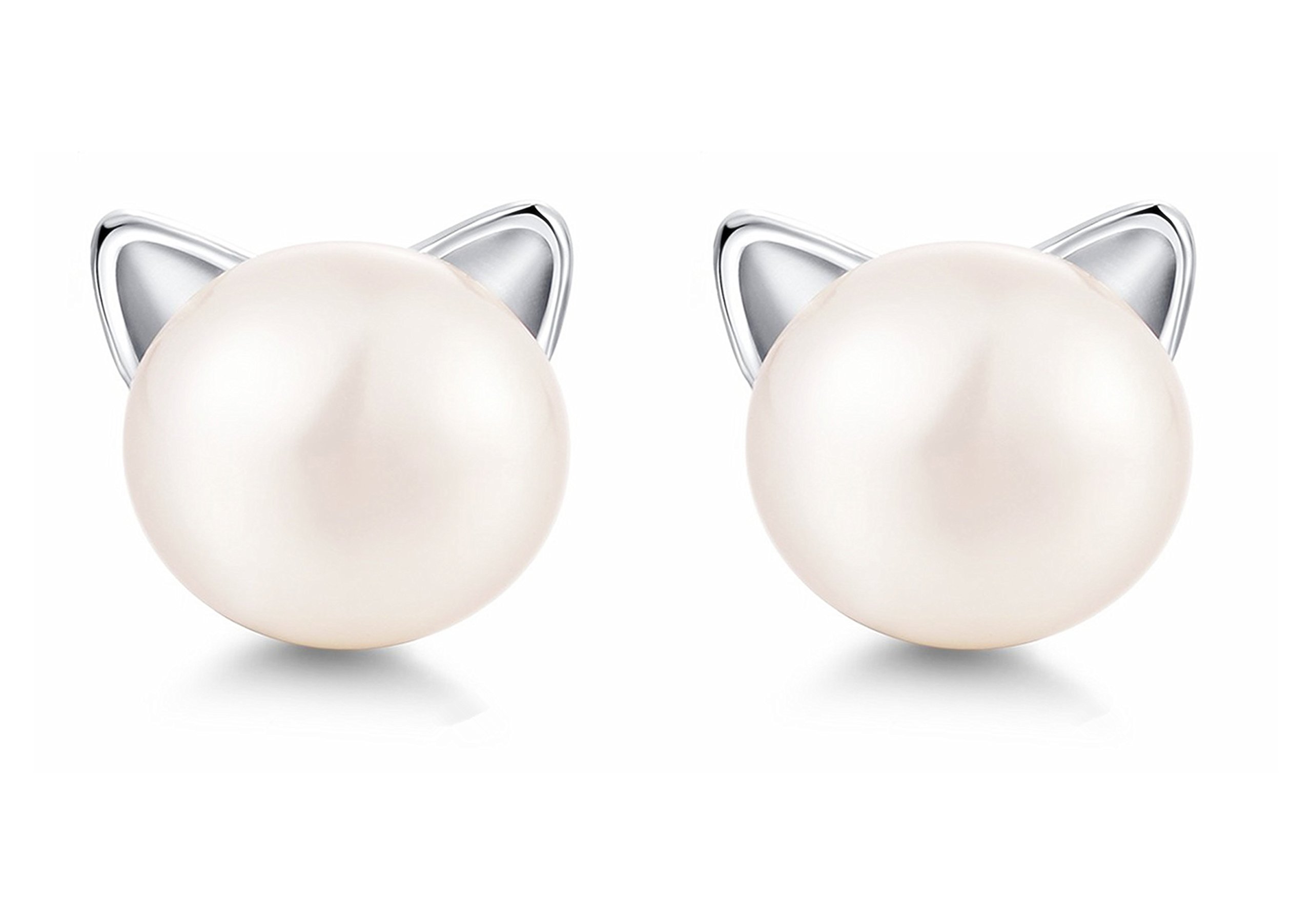 Nuwastone Cat Ear Stud Earrings Freshwater Cultured Pearl Stud Earrings Sterling Silver Ear Studs