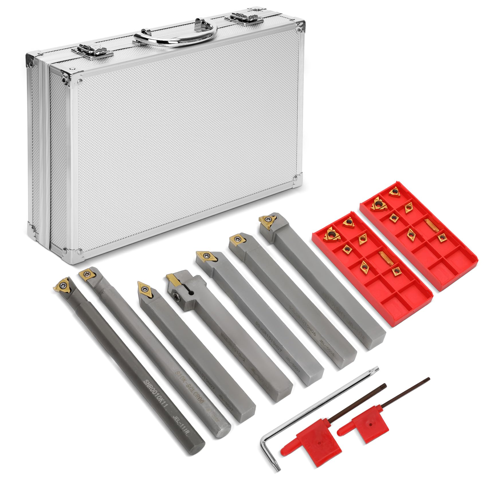 Photo 1 of *MINOR DAMAGE - USED*
Indexable Lathe Turning Tool 21Pcs Kit 3/8'' 10mm Shank 7Pcs Metal Lathe Tools Holder Set & 14Pcs Turning Inserts for Turning Grooving Threading Boring, Lathe Tooling Ideal as Gift with Aluminum Box