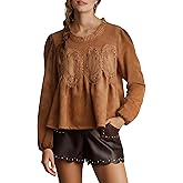 Wefebi Women's Faux Suede Lace Poplin Mesh Peplum Babydoll Tops Long Puff Sleeves Crew Neck Flared Swing Blouse Shirts