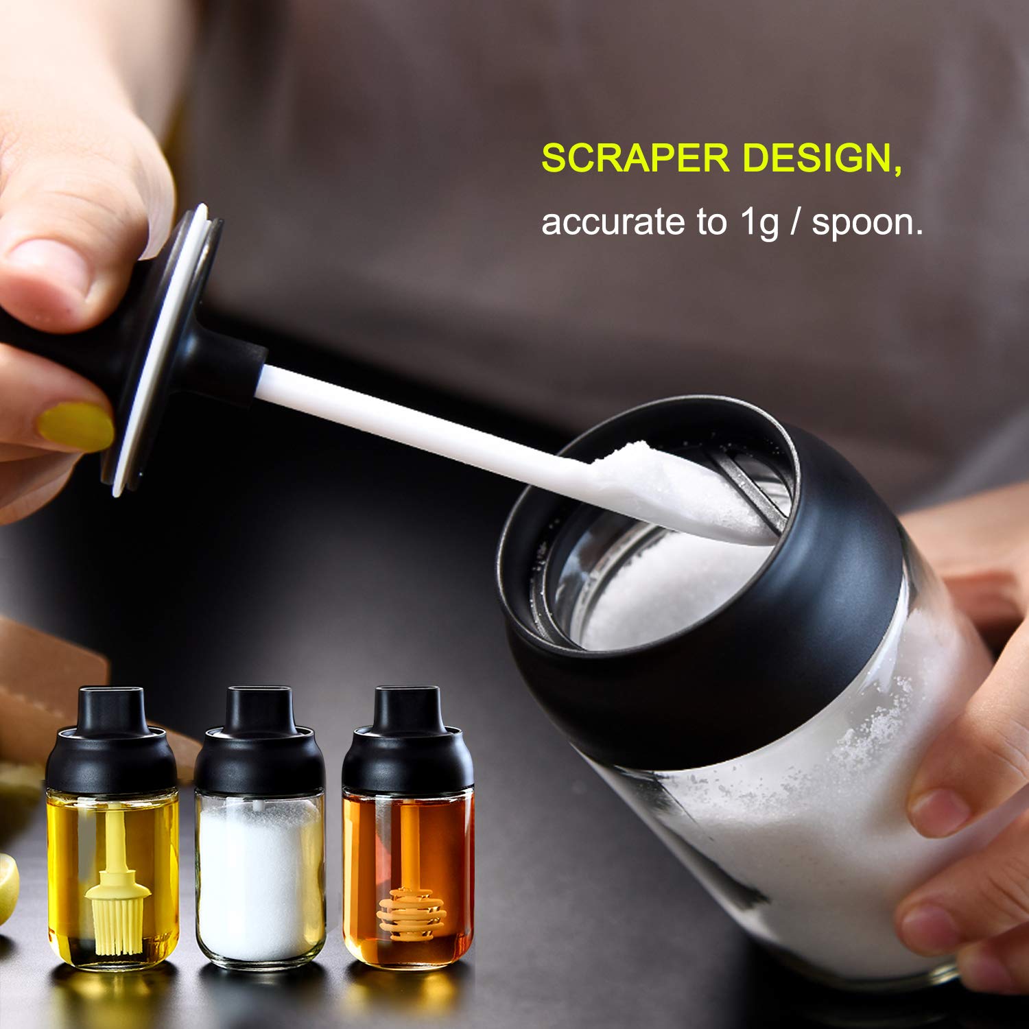 One-piece condiment bottle, spoon, brush, honey stick set of 3, suitable for kitchen and BBQ, sealed glass seasoning box, spice jar