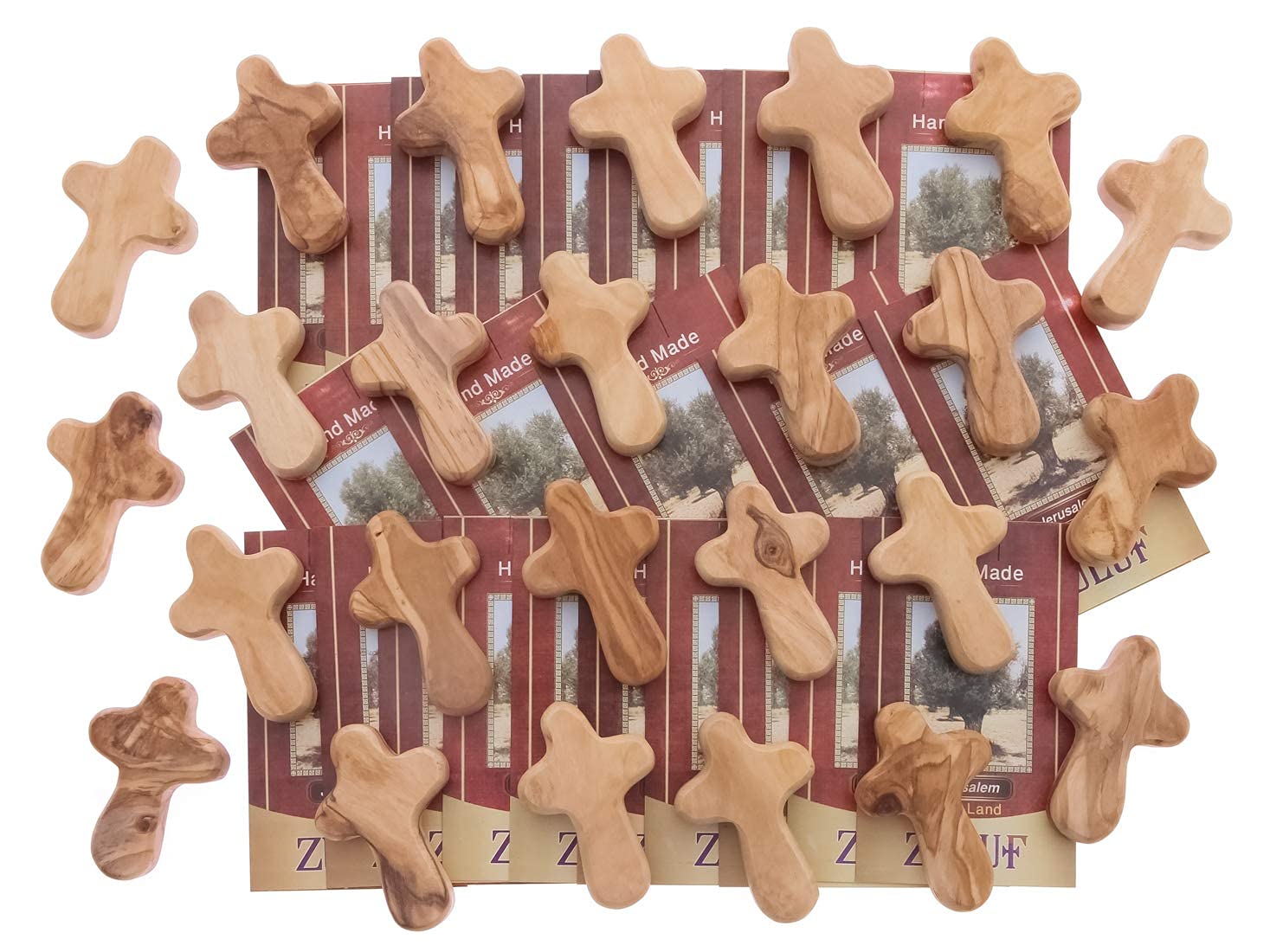 Zuluf 25 Small Olive Wood Comfort Crosses from Bethlehem Israel | Religious Pocket Holding Crosses Gift for Kids and Adults | 6cm / 2.5 Inch Each Cross