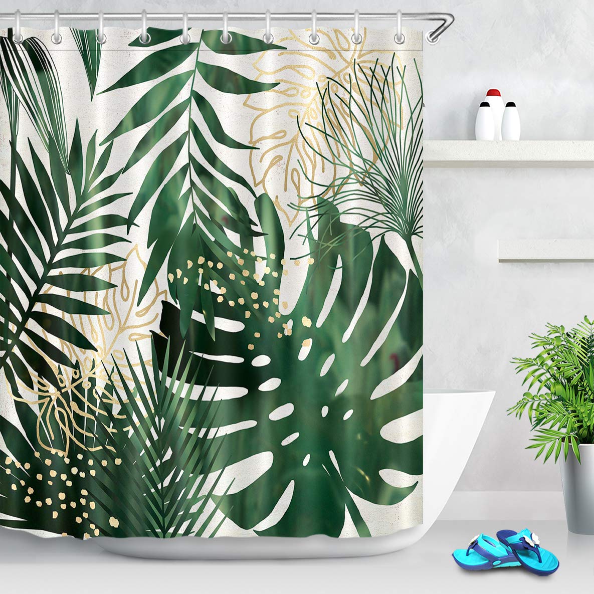 LB Tropical Leaf Shower Curtain Green Monstera,Palm Plants Bath Curtain with Hooks,Extra Long Anti Mould Polyester Fabric Waterproof Bathroom Curtains,71x78 inch