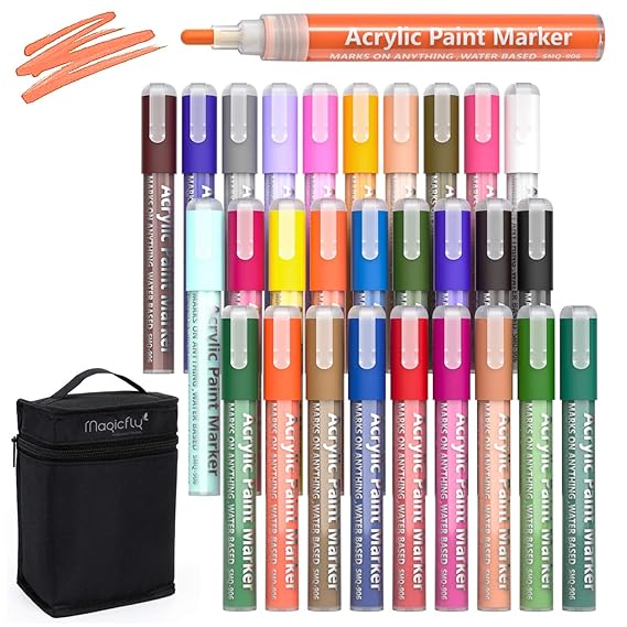 Magicfly 28 Farben hochwertige Acrylstifte Wasserfest Marker Stifte Mit Tasche Bag für DIY Steine Bemalen, Leinwand,Metall, H