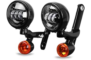 TOPRAMETAL LED Auxiliary 4.5" Spot Fog Light Bracket Fit for Harley Street Electra Glide Road King Spotlight Passing Light W/Housing Bucket Bullet Turn Signals Lamp (Gloss Black, 14 UP Touring)