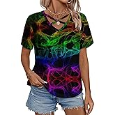 Glow in Dark Splatter Neon Women's Short Sleeve Shirt Tops Loose V-Neck Criss Cross Tees Summer Beach Blouses