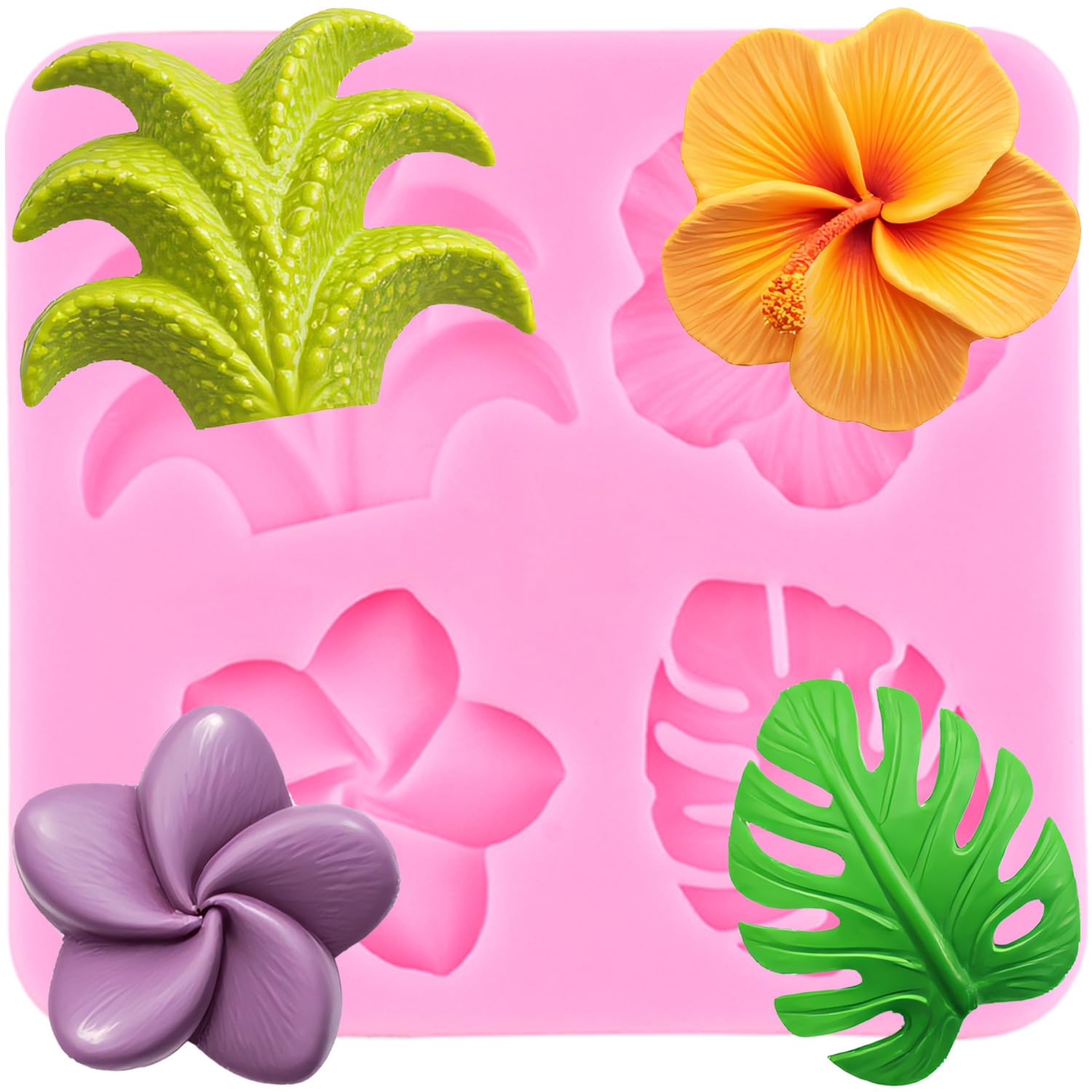 XMOLDNMS Tropical Flowers Leaves Silicone Mould Plumeria Hibiscus Flower Monstera Leaf Fondant Moulds for Cake Decorating Cupcake Topper Chocolate Candy Gum Paste Polymer Clay