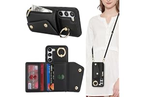Lipvina for Samsung Galaxy S23 Case with Card Holder and Strap - Zipper Pocket,Crossbody Lanyard Strap,Credit Card Holder,Stand Ring,Cute Phone Wallet Case for Women(Black,6.1 Inch)