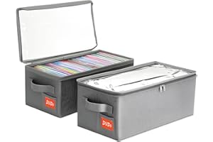 yoyobubu DVD Storage Box – DVD Case with Clear PVC Lid – DVD Shelf Organizer for 25 Standard DVD Cases – Foldable & Stackable Media Storage Solution – 2Pack(Gray)