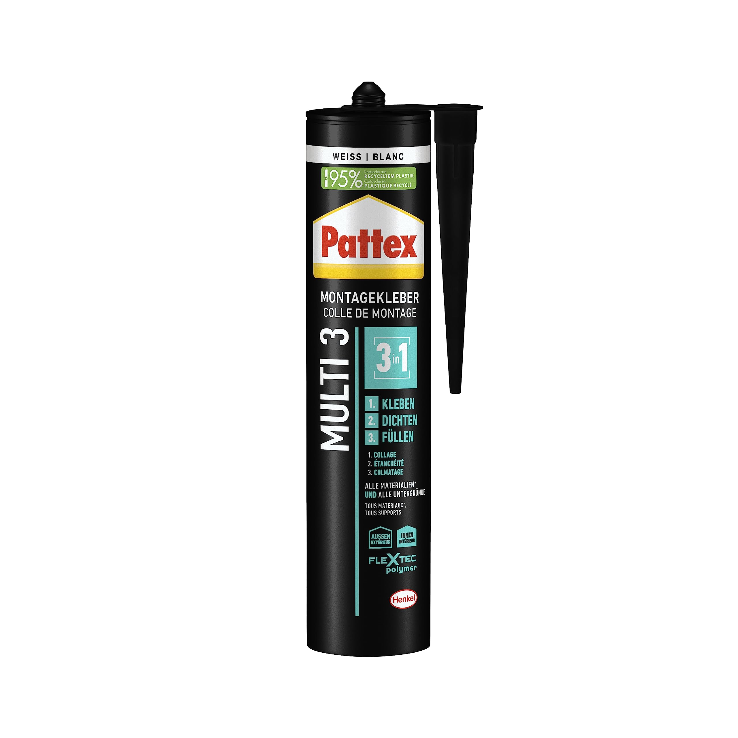 Pattex Montage Multi 3, 3in1 Montagekleber, starker Kraftkleber für fast alle Materialien*, wetterbeständiger Baukleber für innen und außen**, weiß, 1x390g Kartusche