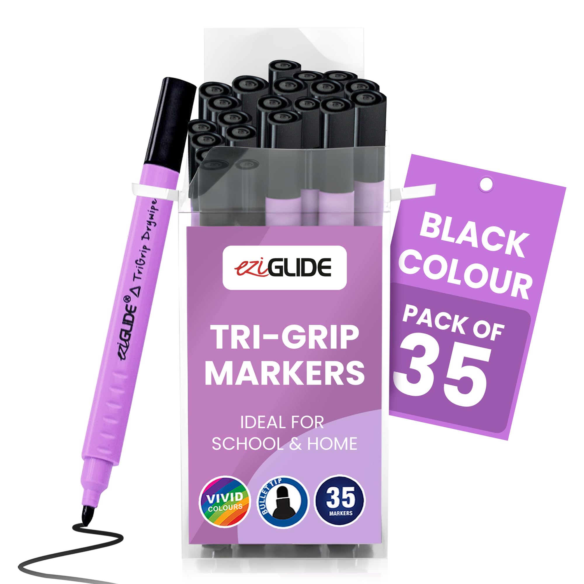 Eziglide 35-Pack Whiteboard Markers, Black Ink – Dry Wipe Markers with Durable Tips & Triangular Barrel for Easy Grip – Smudge-Free Ink & Bullet Tip, Ideal for Home, Schools & Offices Use