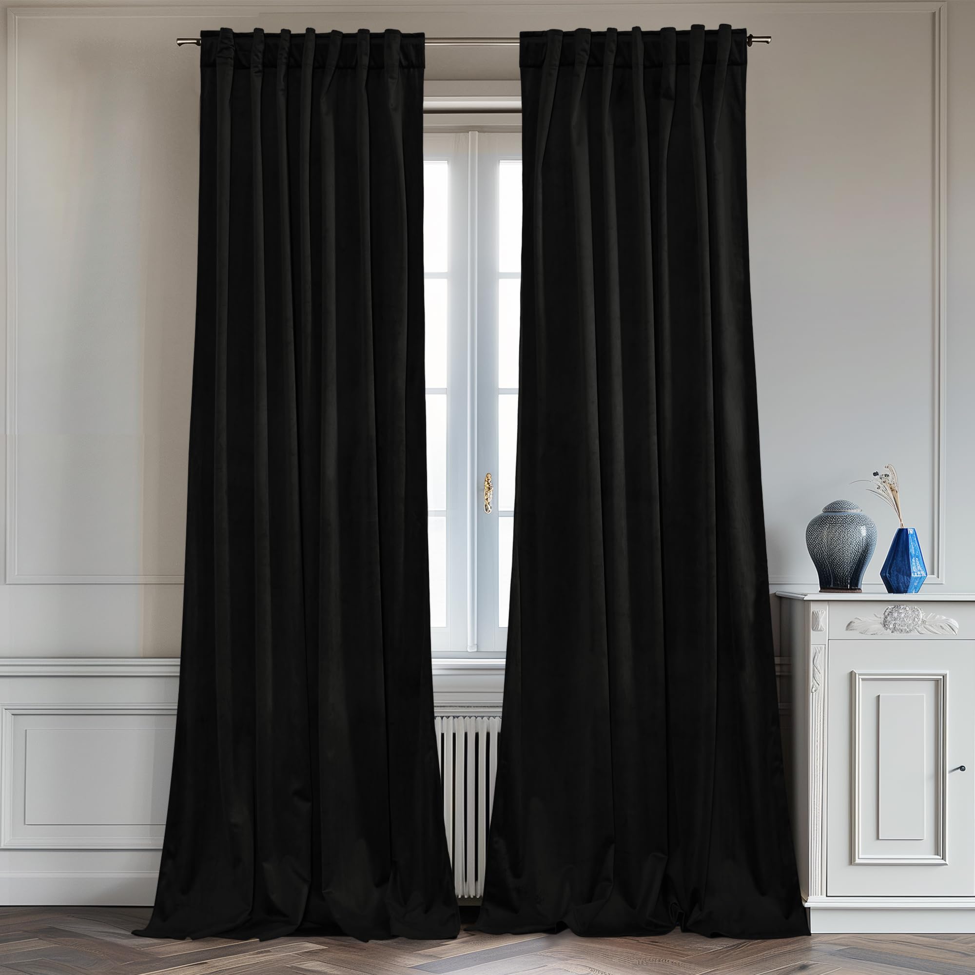 Photo 1 of StangH Black Velvet Curtains 90 inches Movie Backdrops for Theater, Thick Heavy Blackout Curtains Privacy Protection Back Tab Door Panels for Wardrobe/Bathroom, W62 x L90, 2 Panels