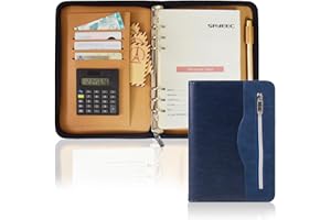 SAYEEC A5 Multifunctional Zippered Notebook Travel Notebook Business 6Ring Binder Meeting Folder Loose leaf Notepad with Calculator Pen Holder for Men Women