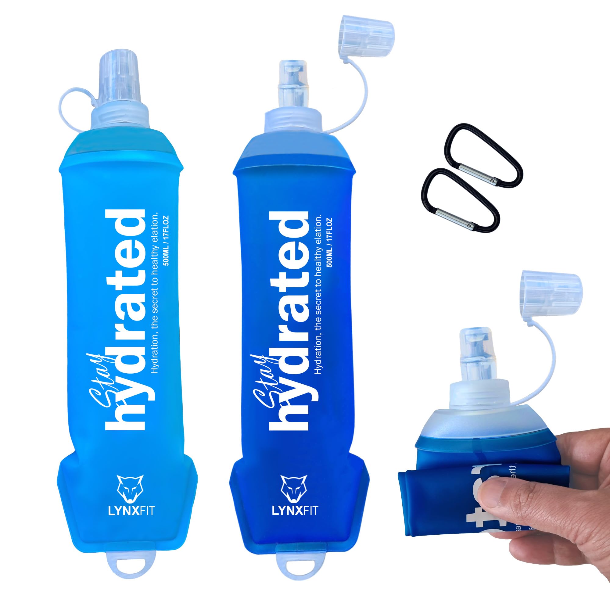 LYNXFIT Soft Flask Running Water Bottle 500ML (Pack of 2) with Carabiner Clips - Collapsible Water Bottle for Running Vest, Cycling, Hiking, Camping & Marathon - TPU, Leakproof and BPA Free