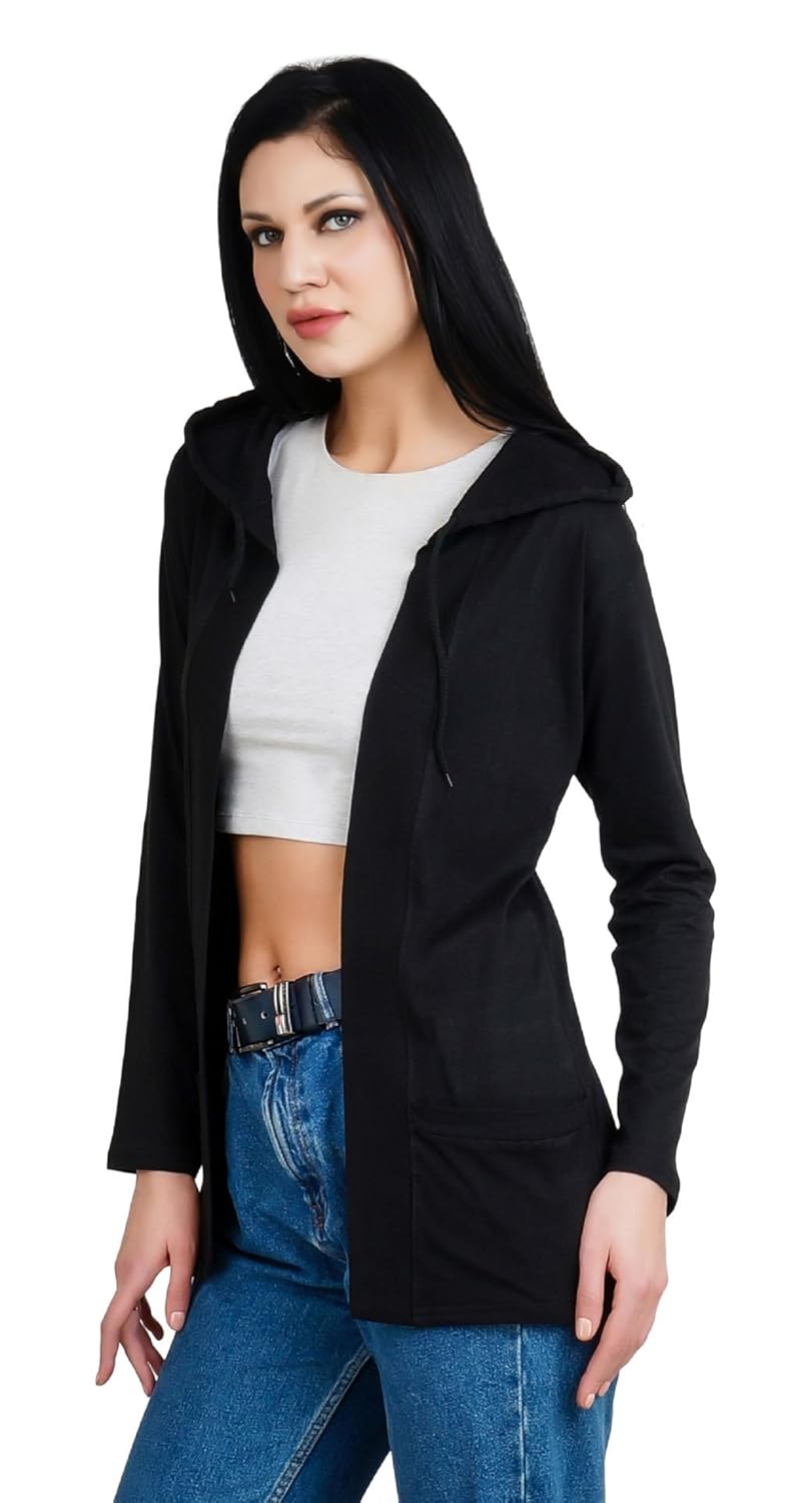 bfly women fullsleeve hooded pocket viscose shrug-(grey & black)