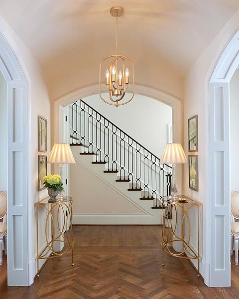 JHLBYL GOLD CHANDELIER LIGHT FIXTURE, 4-LIGHT MODERN FARMHOUSE CHANDELIERS FOR DINING ROOM LIGHTING FIXTURE INDUSTRIAL CEILING PENDANT FOR KITCHEN ISLAND LIVING ROOM BEDROOM ENTRYWAY