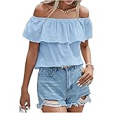 SweatyRocks Women's Off The Shoulder Blouse Short Sleeve Ruffled Summer Tops