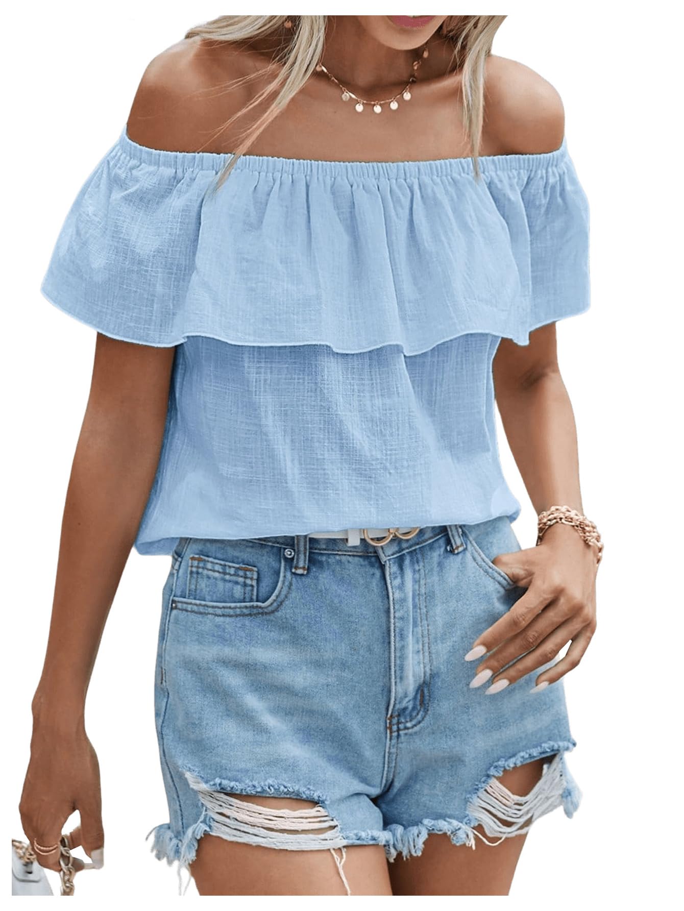 Photo 1 of SweatyRocks Women's Off The Shoulder Blouse Short Sleeve Ruffled Summer Tops Blue Large