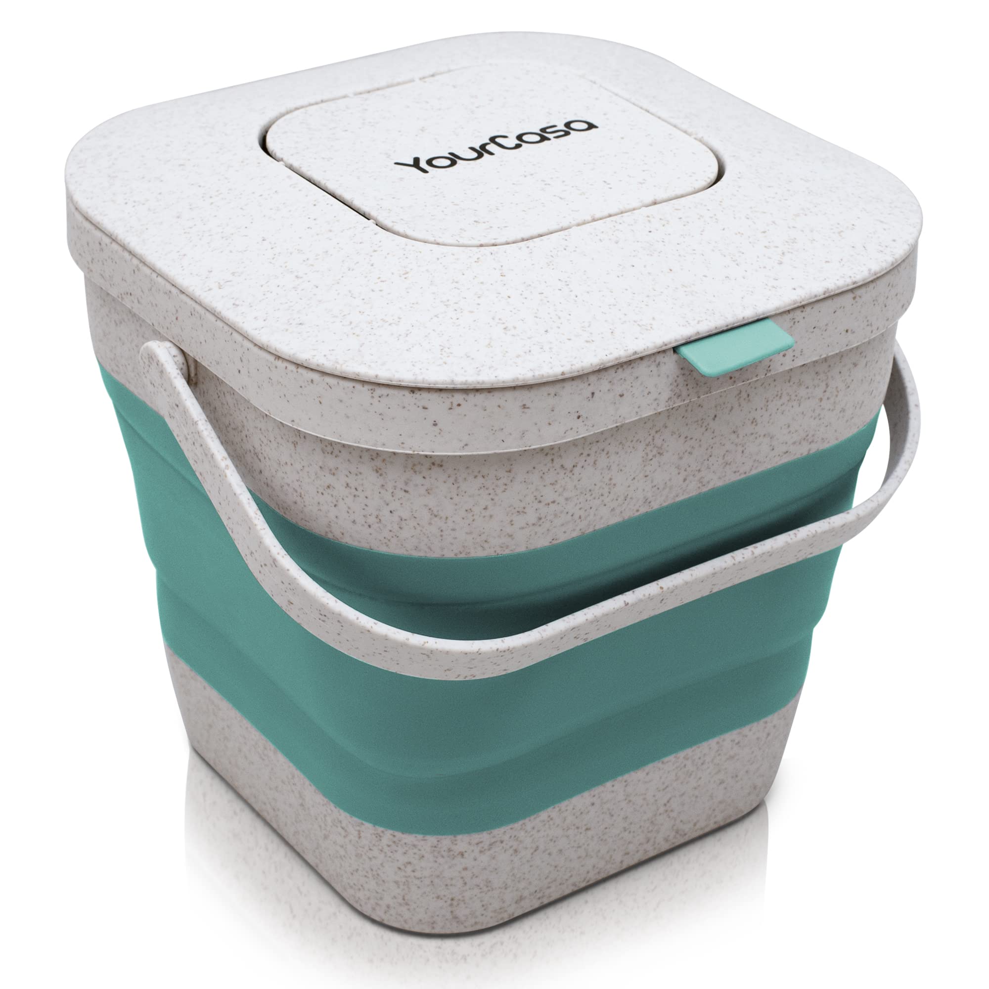 YourCasa Compost Bin (4.0 liters, Wheat Straw, Green/White) - Foldable, Odour-proof, Washable Sustainable Organic Waste Bin with Lid & 3 Activated Carbon Filters