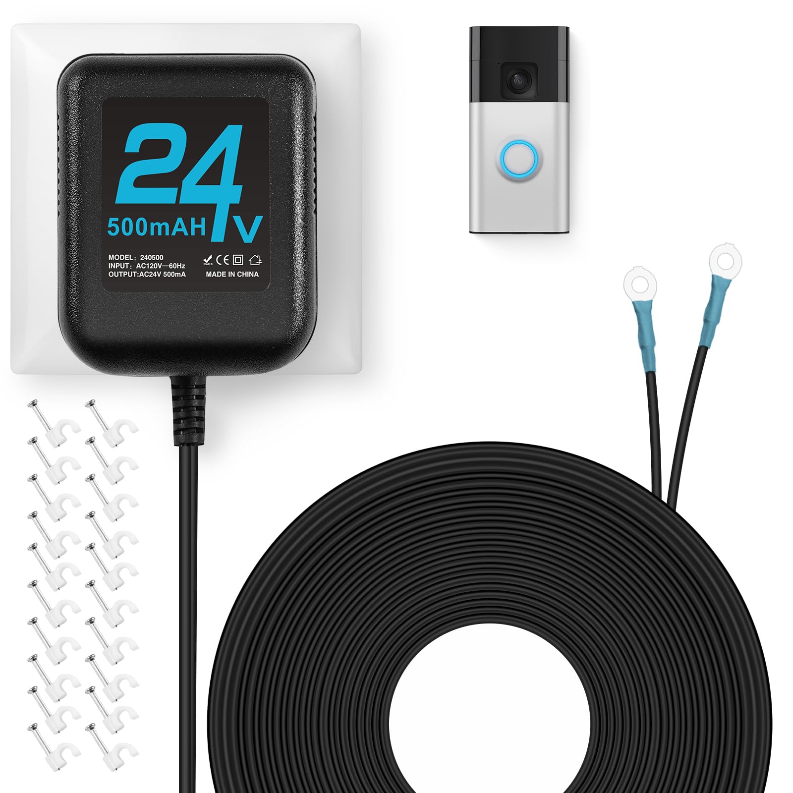 Photo 1 of 24V Doorbell Transformer, AC Adapter for All Ring Video Doorbell Versions, 16.4ft Doorbell Power Supply, Power Cable Compatible with Ring, Nest, Wyze, and Eufy Doorbells (Black)