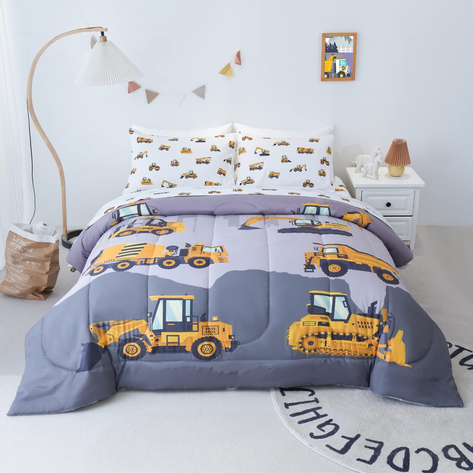 Photo 1 of Cokouchyi Twin Size Comforter Set for Boys, 4-Piece Bed in a Bag, 3D Construction Bedding Comforter Sheet Set, Ultra Soft and Fluffy, Cartoon Truck Cars