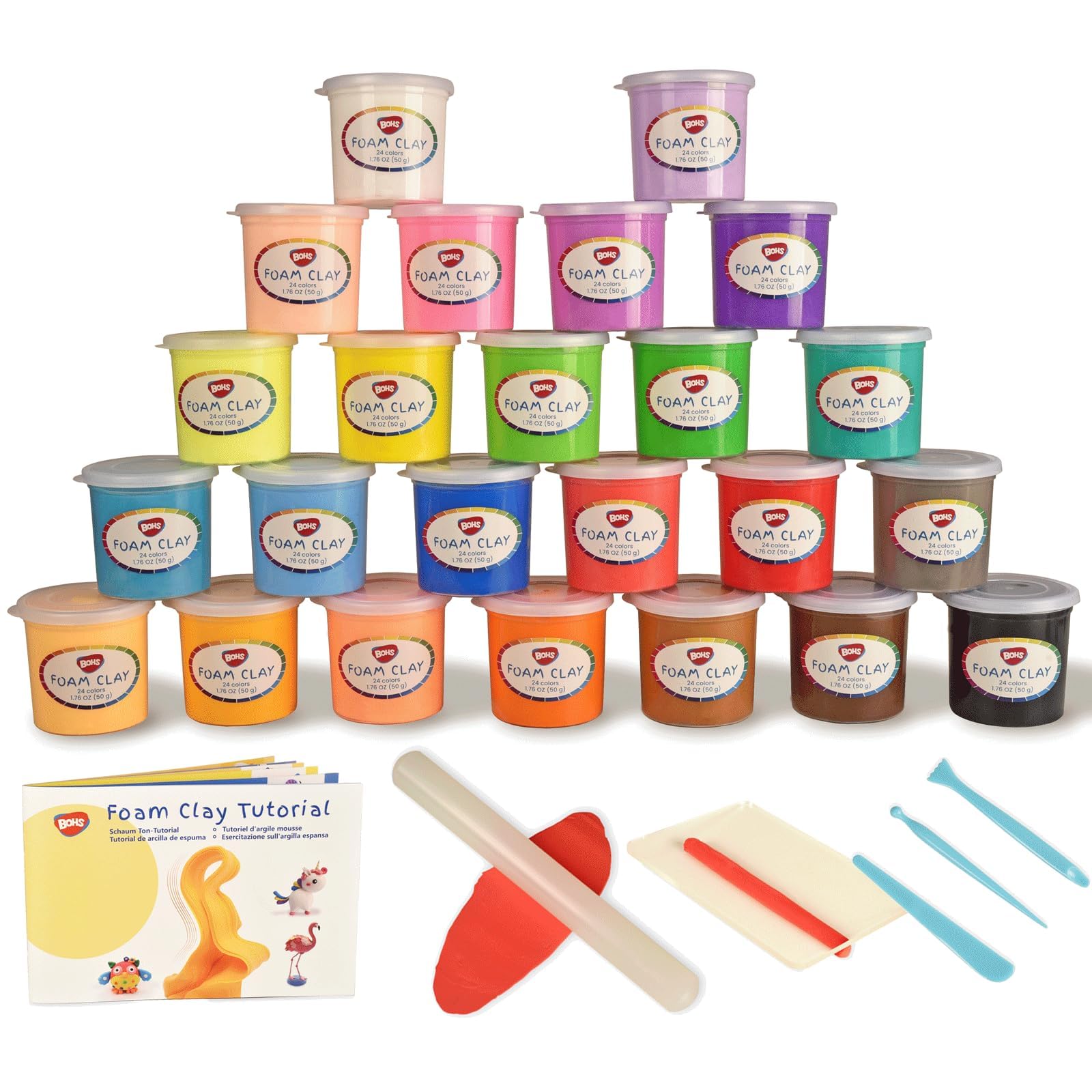 BOHS Modeling Foam Clay Tools Kit (Clay Wt. 2.65 lbs), Squishy and Air Dry, School Crafts Project Supplies, Party Favors,Slime Making 24 Colors with Tools, Roller, and Cylinder Shaping Sheet