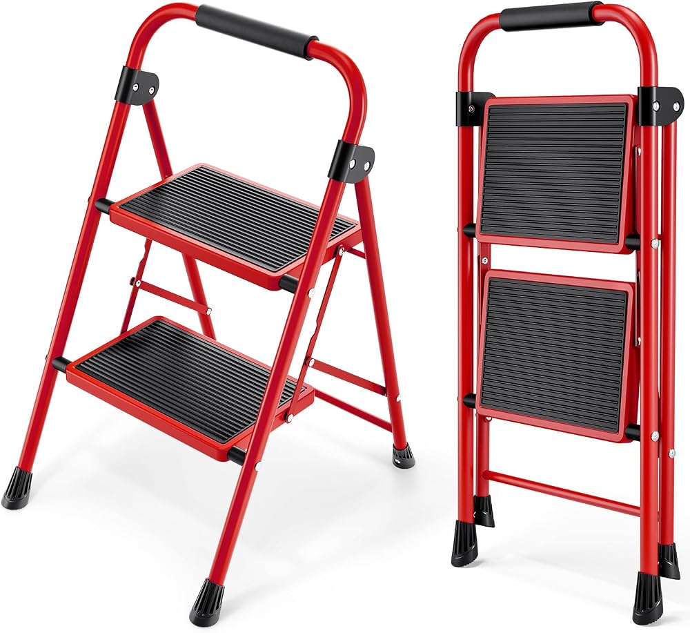 KINGRACK 4 Step Folding Ladder with Handrail Non Slip Wide Pedals Red