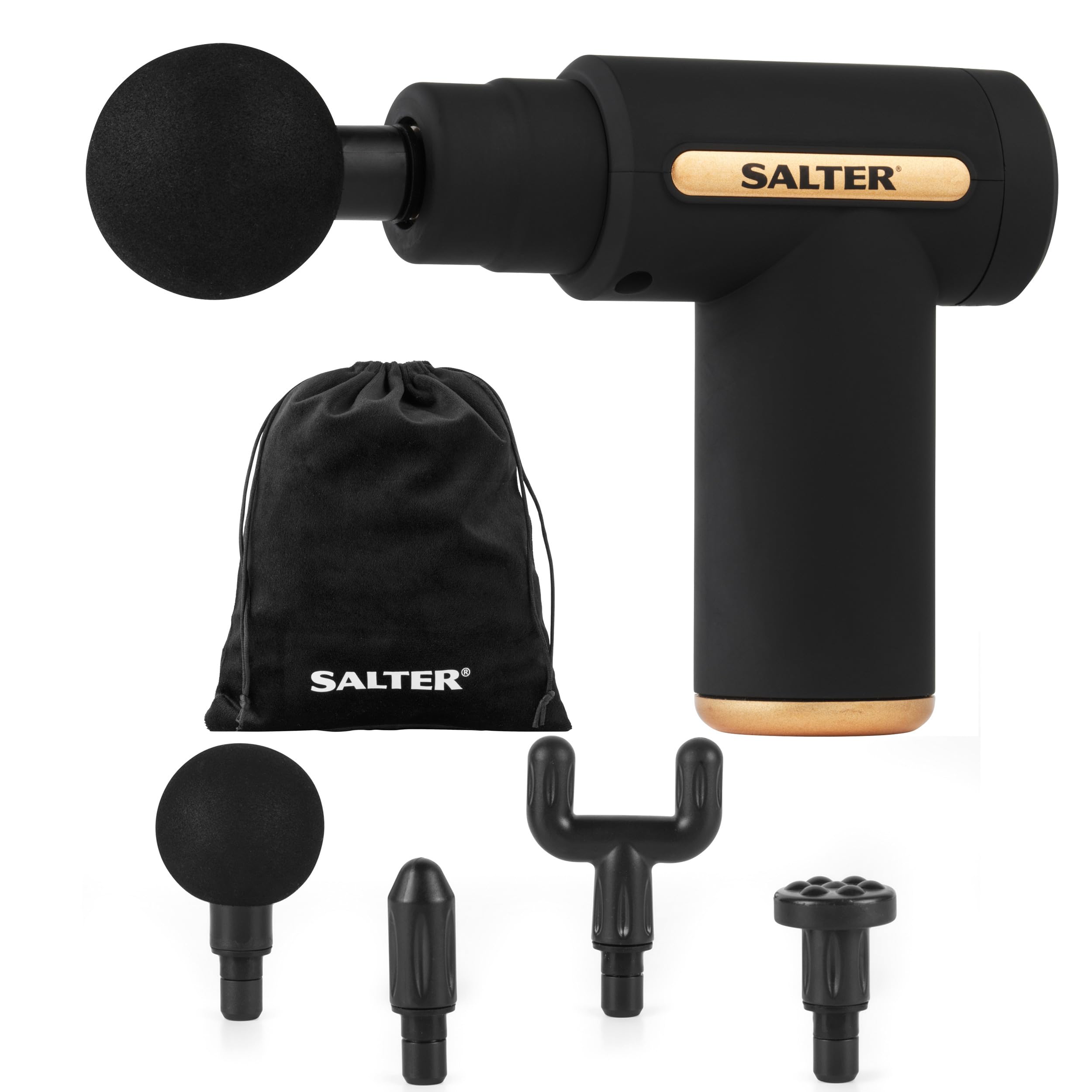 Salter EE7427BLKSTKEU7 Mini Massage Gun – 4 Massage Heads, LCD Panel, Electric Handheld, Rechargeable, 6 Intensity/Speeds, Includes Carry Bag and USB, Relaxation, Deep Massage, Tension Relief, Black