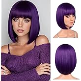 Bob Wig, 12 Inch Short Bob Dark Purple Wig with Bangs, Synthetic Heat Resistant Dark Purple Wigs for Women Girls with Wig Cap, Colourful Hair Wigs with Adjustable Straps for Party Cosplay Daily Use