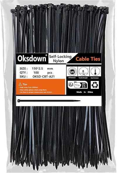 Oksdown 100 Pack Black Nylon Cable Ties 150mm 2.5mm Premium Self Locking