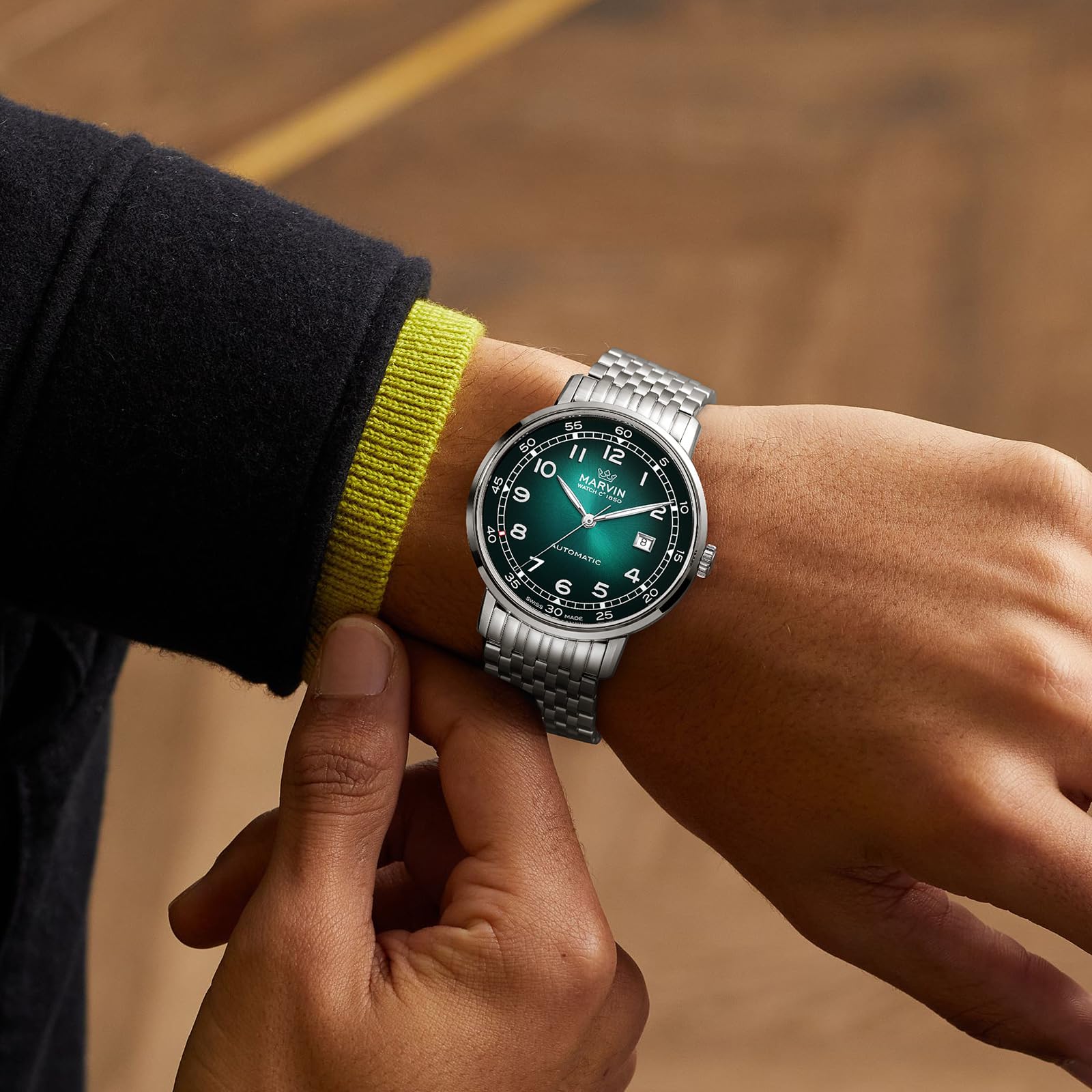 marvin Swiss Automatic Movement Watches for Men Casual Men's Watch with Stainless Steel Strap,Sapphire Glass Dial,Luminous Hands and Hour Markers,50m Waterproof