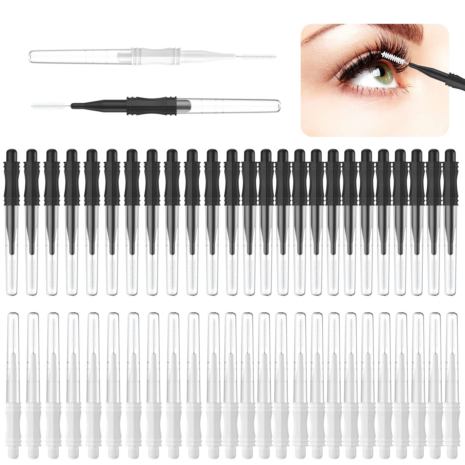 CANIPHA 50 Pcs Micro Eyebrow Brush Cap,Eyebrow Spoolie Lamination 2 Size Multifunctional Spooly Lash Mascara Comb Eyelash Lift Extensions Brow Clean(White,Black), 1.0 count