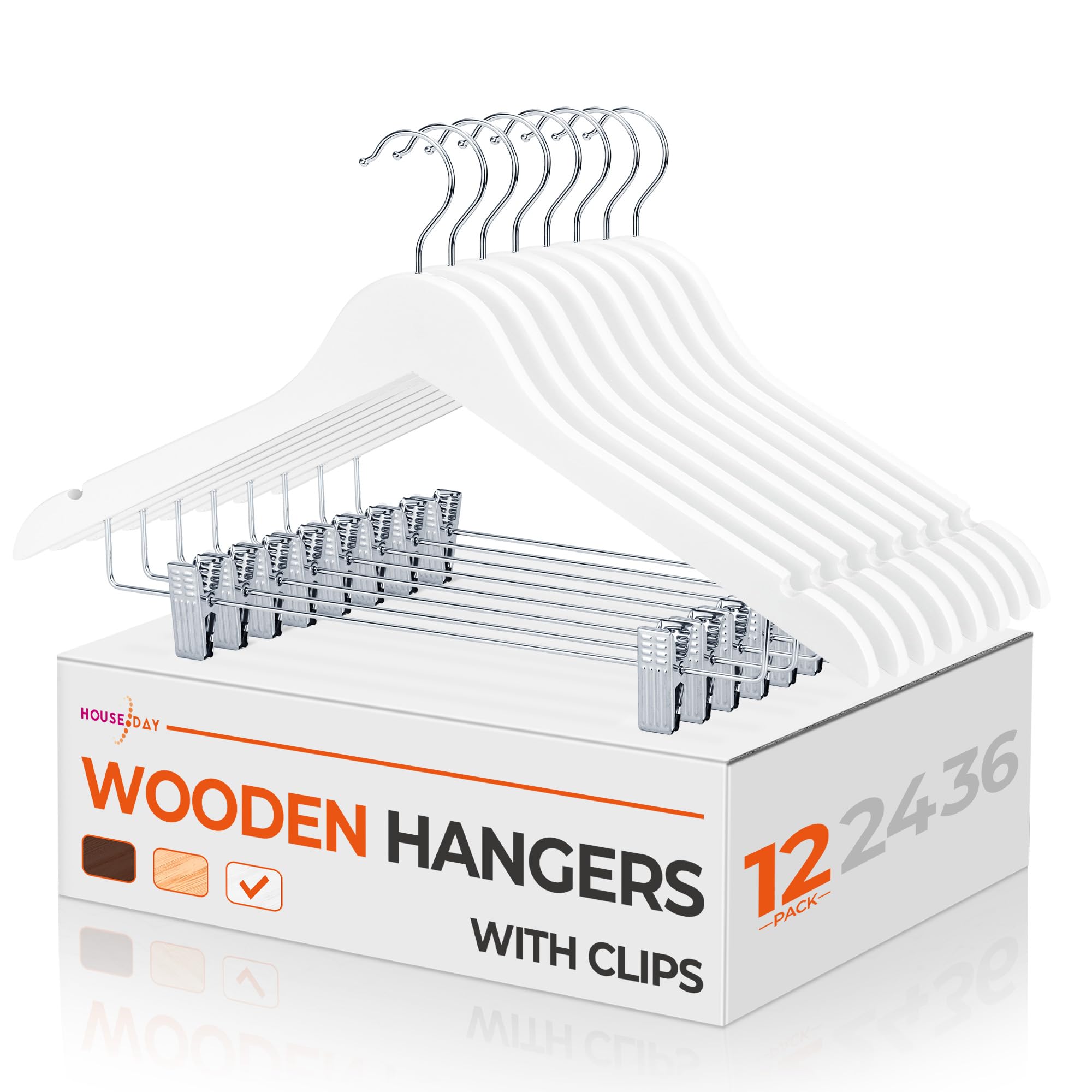 Photo 1 of HOUSE DAY Wooden Hangers with Clips 12 Pack, Wood Clothes Hanger Natural Smooth Finish Wooden Hanger for Clothes Suit, White