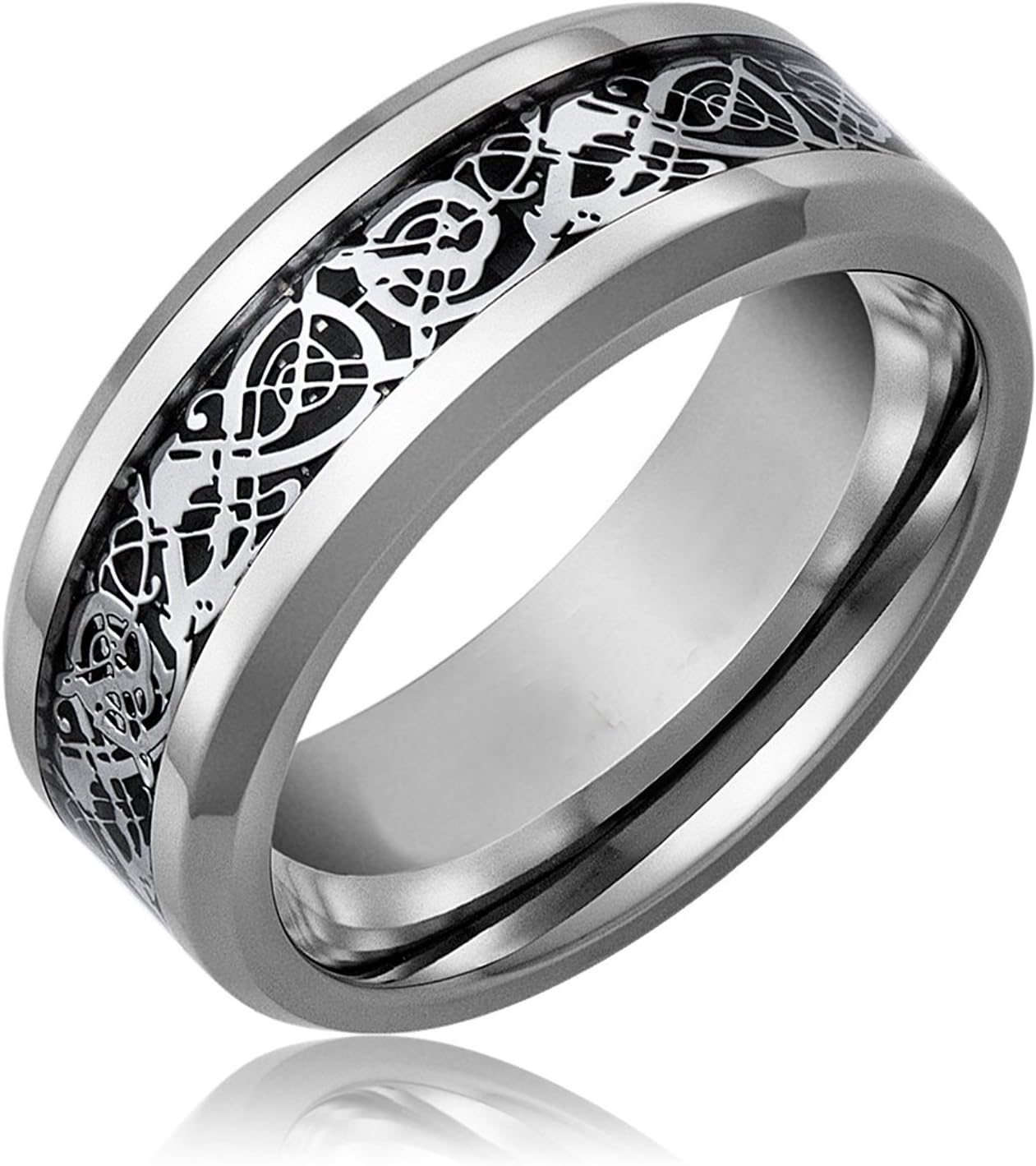 MINTS Mens 8mm Tungsten Carbide Wedding Bands Silver Celtic Dragon Inlay Rings
