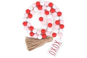 RAMIRABI Valentine's Day Wood Bead Garland with Tassel XOXO Tags,Farmhouse Rustic Wooden Beads Garland Wall Hanging Decor for Tiered Tray Fireplace Vase Wedding Anniversary (Pink)