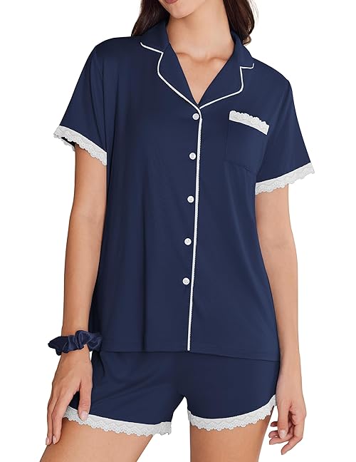 Ekouaer Women's Pyjama Set Short Sleeve Ladies Nightwear Summer PJs Set Button Top and Bottom, Dark Blue XXL