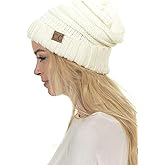 C.C Hat-100 Oversized Baggy Slouch Thick Warm Cap Hat Skully Cable Knit Beanie, Ivory Solid