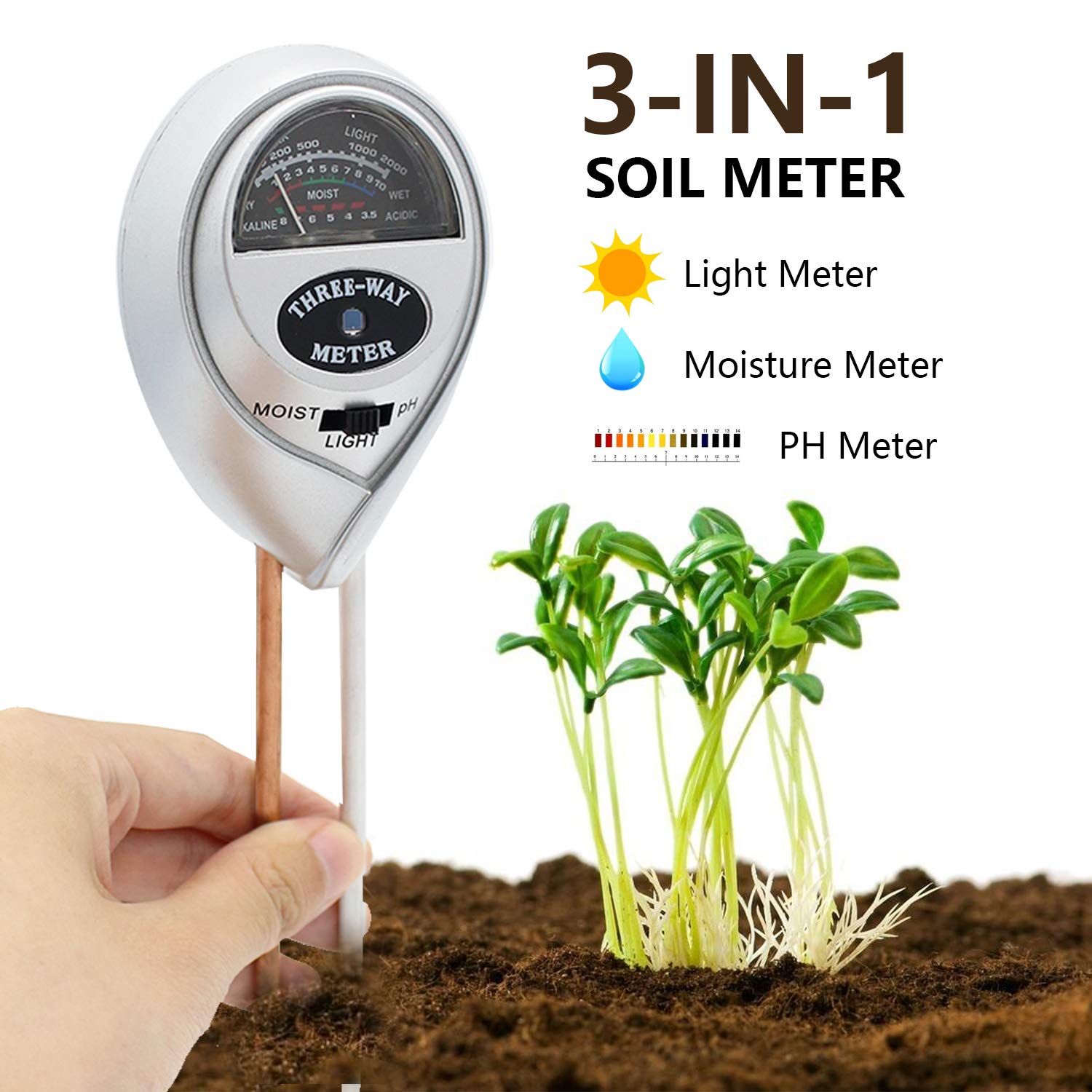 Soil Moisture Meter, Soil PH Meter, 3 In 1 Plant Soil Testing Kit Soil Moisture Light Ph Tester For Garden Care Farm Lawn Indoor Outdoor Ph Testing No Battery Required