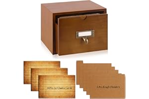 DLUGOPIS 3x5 Index Cards Holder Wood Index Card Organizer Box Flash Card Holder Recipe Cards Holder with Drawer 30 Pcs Vintage Library Cards 5 Kraft Dividers For Gifts Cards Home Office