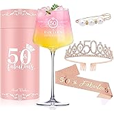 Cyrelwing 50TH Birthday Gifts for Women,Vintage Engraved 50th Wine Glass,50 Year Old Birthday Decorations For Her,50&Fabulous Sash and Tiara For Women,Friends,Sister-Turning 50th Party Favor Supplies